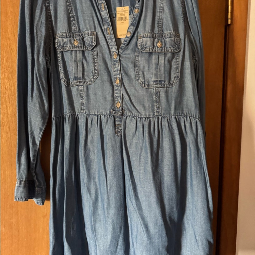 American Eagle Outfitters Light Blue Denim Button-Up Dress